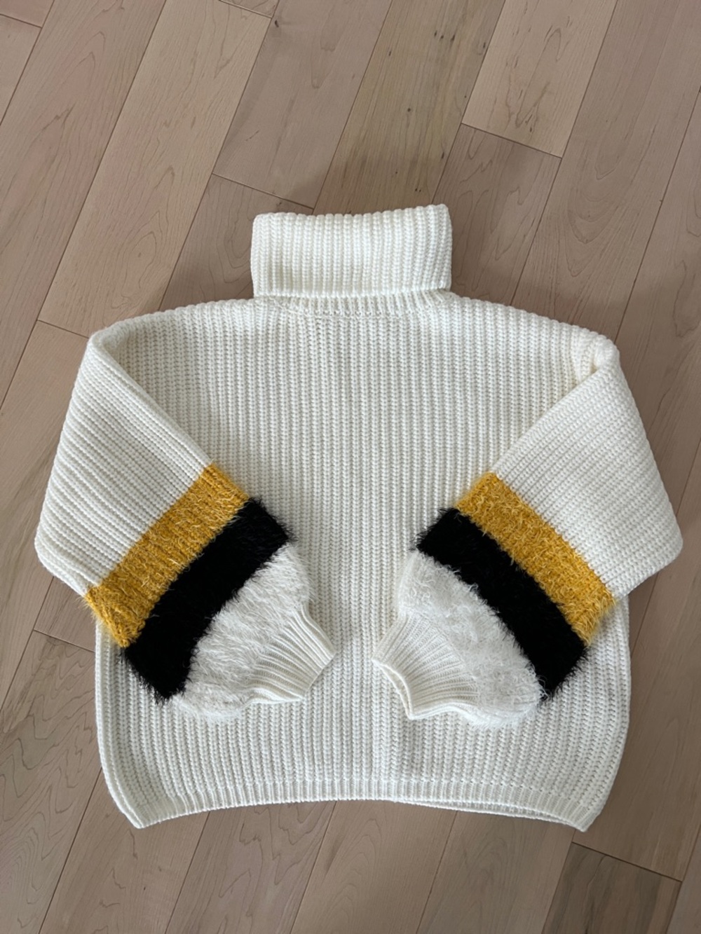 Cream Turtleneck Sweater with Mustard and Black Sleeve Stripes